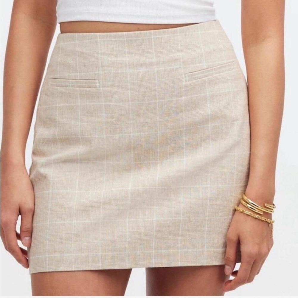 Madewell Welt Pocket Mini Skirt in Beige Grid Print - Linen + Cotton